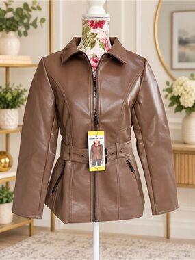 NWT Kenneth Cole Brown Faux Leather Belted Moto Jacket Small (E/116)